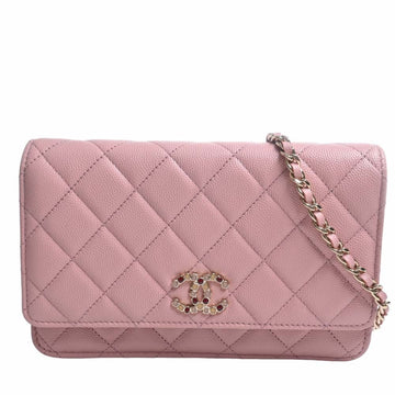 CHANEL Caviar Skin Matelasse Coco Mark Chain Shoulder Wallet Long AP3600 Pink Ladies