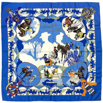 HERMES Large Scarf Muffler Carre 90 Blue White Seville Holiday 100% Silk  Ladies