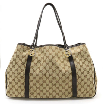 GUCCI GG Twins Canvas Tote Bag Shoulder Leather Khaki Beige Dark Brown 232956