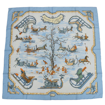 HERMES Carre 90 Traineaux et glifsades Sori and Skate Horse Light Blue Scarf Muffler