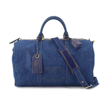 CHANEL 2way Boston shoulder bag denim blue vintage gold metal fittings Bag