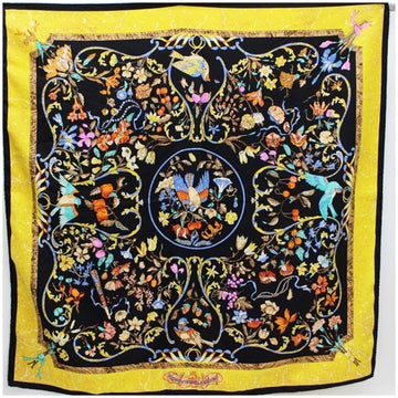 HERMES Silk Scarf Muffler Carre 90 PIERRES d'ORIENT et d'OCCIDENT Oriental and Western Stonework Bird Pattern Black x Yellow  Women's