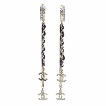 CHANEL Cocomark Rhinestone Earrings Women's Chain Leather Stud B22S