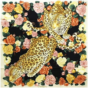 SALVATORE FERRAGAMO Silk Scarf Muffler Leopard Print Rose Cream x Black Women's