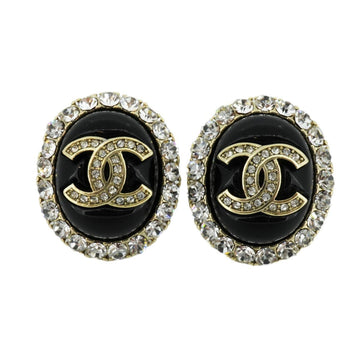 CHANEL earrings here mark oval rhinestone GP plated champagne gold black B23C ladies