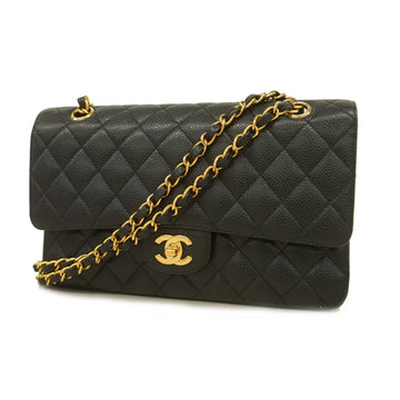 Chanel Matelasse W Flap W Chain Women's Caviar Leather Shoulder Bag Black