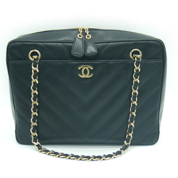 CHANEL Matelasse V Stitch W Chain Handbag Shoulder Bag Lambskin Black/Gold