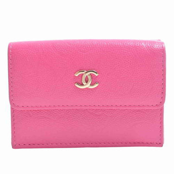 Chanel Caviar Skin Camellia Cocomark Trifold Wallet Pink