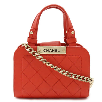 CHANEL Matelasse Plate Small Handbag Chain Shoulder Bag Leather Red Orange