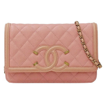 CHANEL Wallet CC Filigree Women's Shoulder Chain Caviar Skin Pink