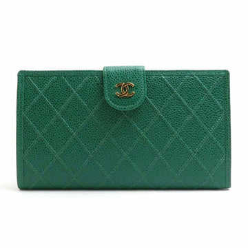 CHANEL bifold wallet caviar skin leather green gold ladies