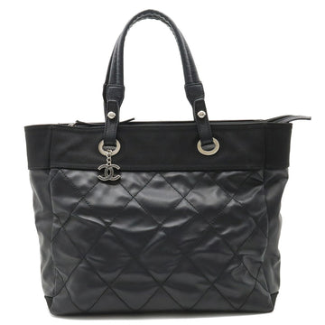 CHANEL Paris Biarritz Tote MM Bag Handbag Coated Canvas Black A34209