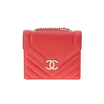 CHANEL V stitch chain shoulder 27.5cm red ladies calf bag