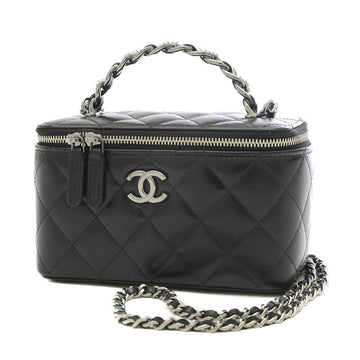 CHANEL Vanity Handle Stone Chain Shoulder Bag Leather Black Silver Hardware