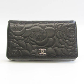 Chanel Camellia A36544 Women's Lambskin Long Wallet (bi-fold) Black,Silver