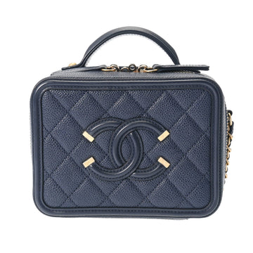 CHANEL CC Filigree Small Vanity 16cm Dark Blue A93343 Women's Caviar Skin Bag