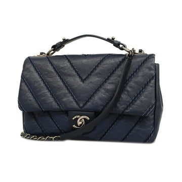 CHANEL Handbag V Stitch Chain Shoulder Leather Navy Silver Hardware Women's