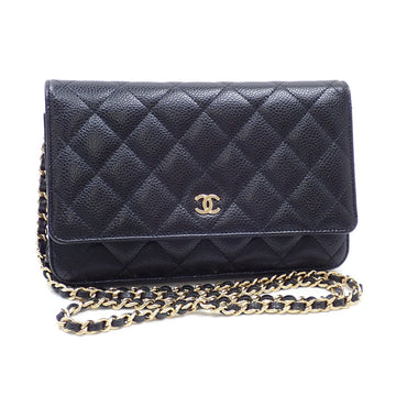 CHANEL Chain Wallet Matelasse Women's Black Caviar Skin AP0250 Coco Mark Shoulder Long 041949