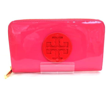 TORY BURCH Pink x Red Patent Leather Round Zipper Wallet Long Unisex
