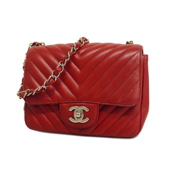 CHANELAuth  V Stitch Single Chain Women's Caviar Leather Shoulder Bag Red Color