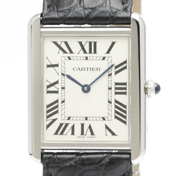 Polished CARTIER Tank Solo LM Steel Leather Quartz Mens Watch W5200003 BF550968