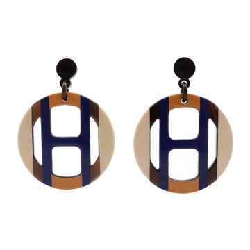 HERMES H Equipe Earrings Buffalo Horn Lacquer Wood SABLE MARINE Silver Hardware