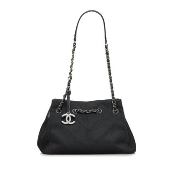 CHANEL V Stitch Coco Charm Tote Bag Shoulder Black Silver Canvas Leather Women's