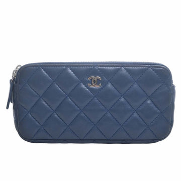 CHANEL Lambskin Matelasse Coco Mark Chain Shoulder Long Wallet Blue Ladies