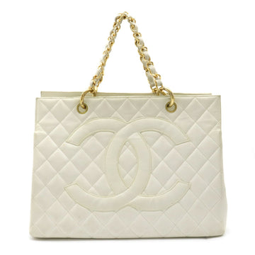 CHANEL Matelasse Coco Mark Chain Bag Tote Handbag Caviar Skin Leather White