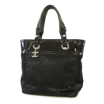 Chanel Paris Biarritz Women's Patent Leather,Fur Handbag,TotBag Black