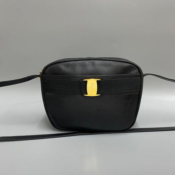 SALVATORE FERRAGAMO Vara Ribbon Hardware Leather Genuine Mini Shoulder Bag Pochette Black 16176