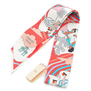 HERMES Twilly Scarf Flying Carre Carres Volants  Red Silk 100%