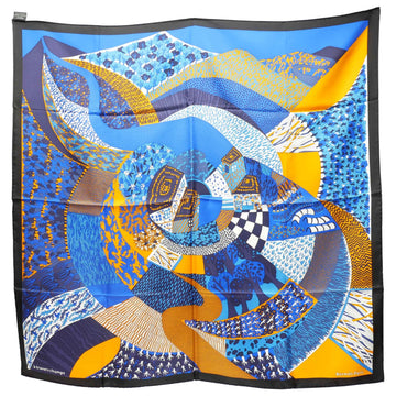 HERMES A TRAVERS CHAMPS Through the Countryside Carre 90 Large Scarf Shawl Stole Women's 100% Silk Blue/Black/Orange 88x88cm