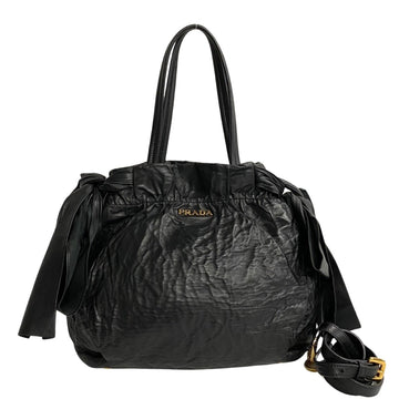 PRADA metal fittings ribbon motif leather 2way tote bag handbag shoulder black 35061