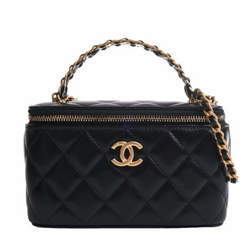 CHANEL Lambskin Matelasse Coco Mark 2WAY Vanity Case Chain Shoulder Bag Black Ladies