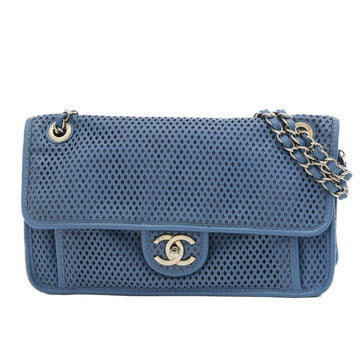 CHANEL French Riviera Punching W Chain Shoulder Bag Leather Blue A67652