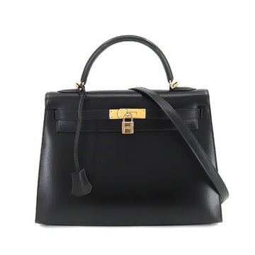 HERMES Kelly 32 2way hand shoulder bag box calf black F stamp outside sewing gold metal fittings