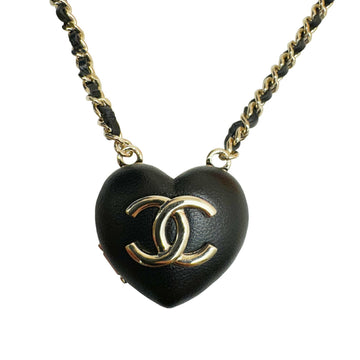 CHANEL Open Heart Coco Mark Mirror Chain Necklace Black Lambskin Champagne AB9463 B22K Women's