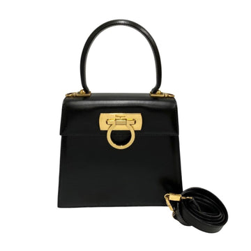 SALVATORE FERRAGAMO Gancini Hardware Calf Leather 2way Handbag Shoulder Bag Black