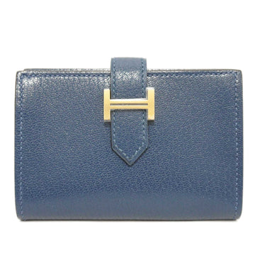 HERMES Bearn Wallet Folding Card Case Deep Blue/G Hardware Chevre Men's Women's