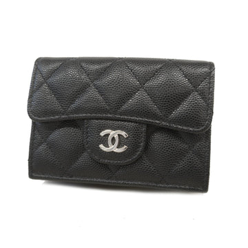 Chanel Trifold Wallet Matelasse Caviar Skin Black Silver metal