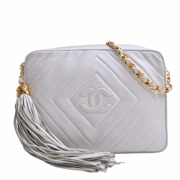 CHANEL Leather Coco Mark Chain Shoulder Bag White Ladies