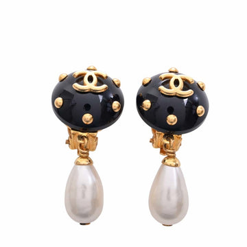 CHANEL Pearl Coco Mark Studs Earrings Gold/Black Ladies