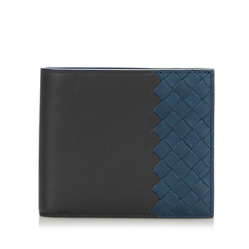 BOTTEGA VENETA Intrecciato Bifold Wallet Black Navy Leather Men BOTTEGAVENETA