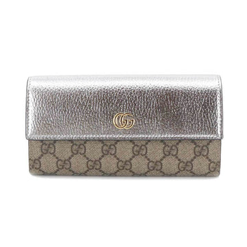 GUCCI Double G Continental Wallet Bifold Long GG Supreme Canvas Leather Metallic Silver 456116