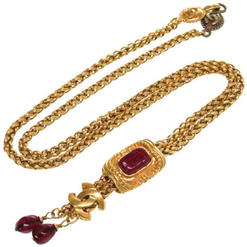 Chanel Coco Mark Color Stone Gold Chain Necklace Vintage Wine Red 96A Accessories Ladies