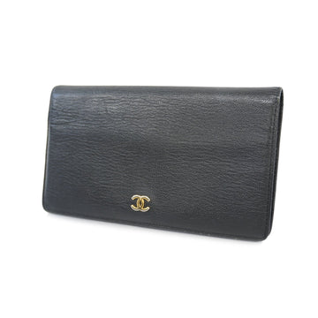 CHANELAuth  Gold Metal Fittings Women's Leather Long Wallet Black