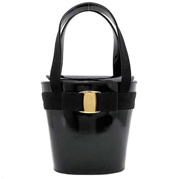 SALVATORE FERRAGAMO Handbag Black Gold Vara BA-21616 Bucket Bag Patent Leather GP Ribbon Enamel Ladies