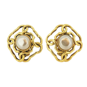 CHANEL earrings vintage here mark diamond shape fake pearl GP plated gold white ladies