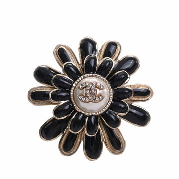 CHANEL Rhinestone Flower Motif Coco Mark Brooch Black Ladies